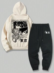 ROMWE MEN Anime Men Japanese Slogan & Figure Graphic Hoodie & Drawstring Waist Sweatpants - Khaki - View 1