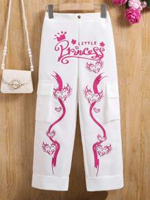 SHEIN Tween Girl Letter Graphic Flap Pocket Side Cargo Pants - White - View 1