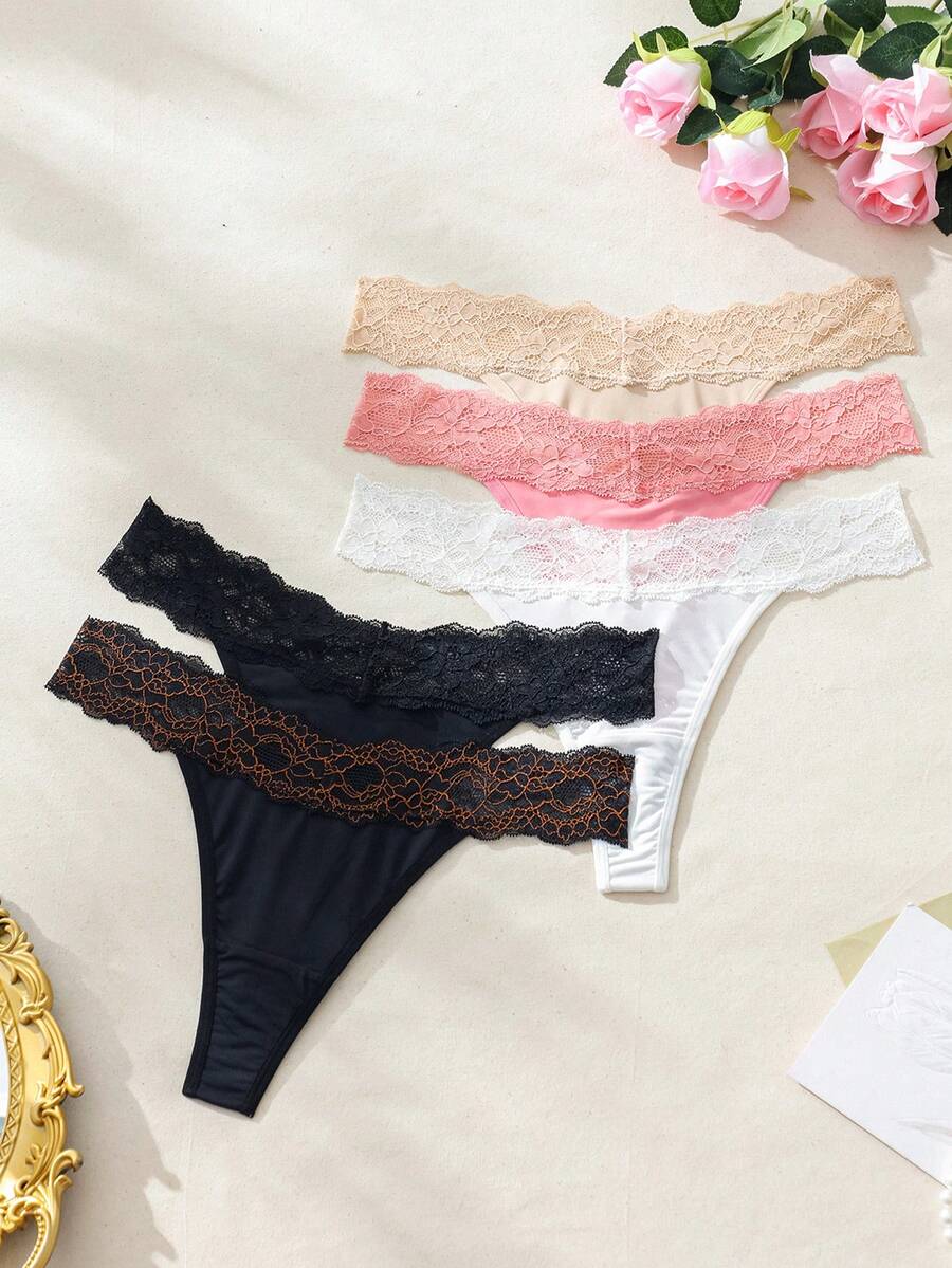 SHEIN 5 Piezas Tanga De Encaje Para Mujer Con Parches - Multicolor - Ver 1