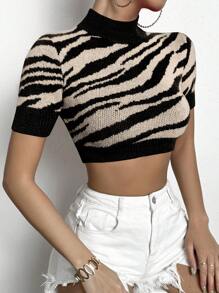 Chiquease Top tejido crop con patrón de rayas de cebra de cuello alto - Multicolor - Ver 5