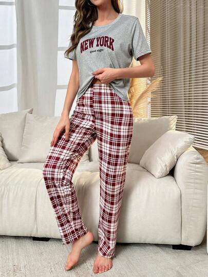 Letter Graphic Tee Plaid Print Pants PJ Set Pajama view 5