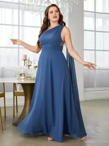 Plus One Shoulder Extra-Long Sleeve Chiffon Bridesmaid Dress - Dusty Blue - View 4
