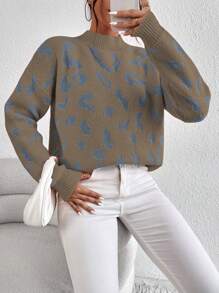 SHEIN LUNE 图案高领落肩针织套头衫秋冬毛衣 - 駝色 - 查看 6