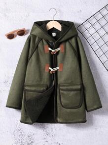 SHEIN Tween Boy Duffle Button Double Pocket Contrast Binding Hooded Coat,In Fall/Winter
