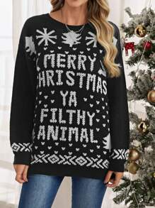 EMERY ROSE 聖誕圖案落肩袖套頭毛衣 - 黑與白 - 查看 1