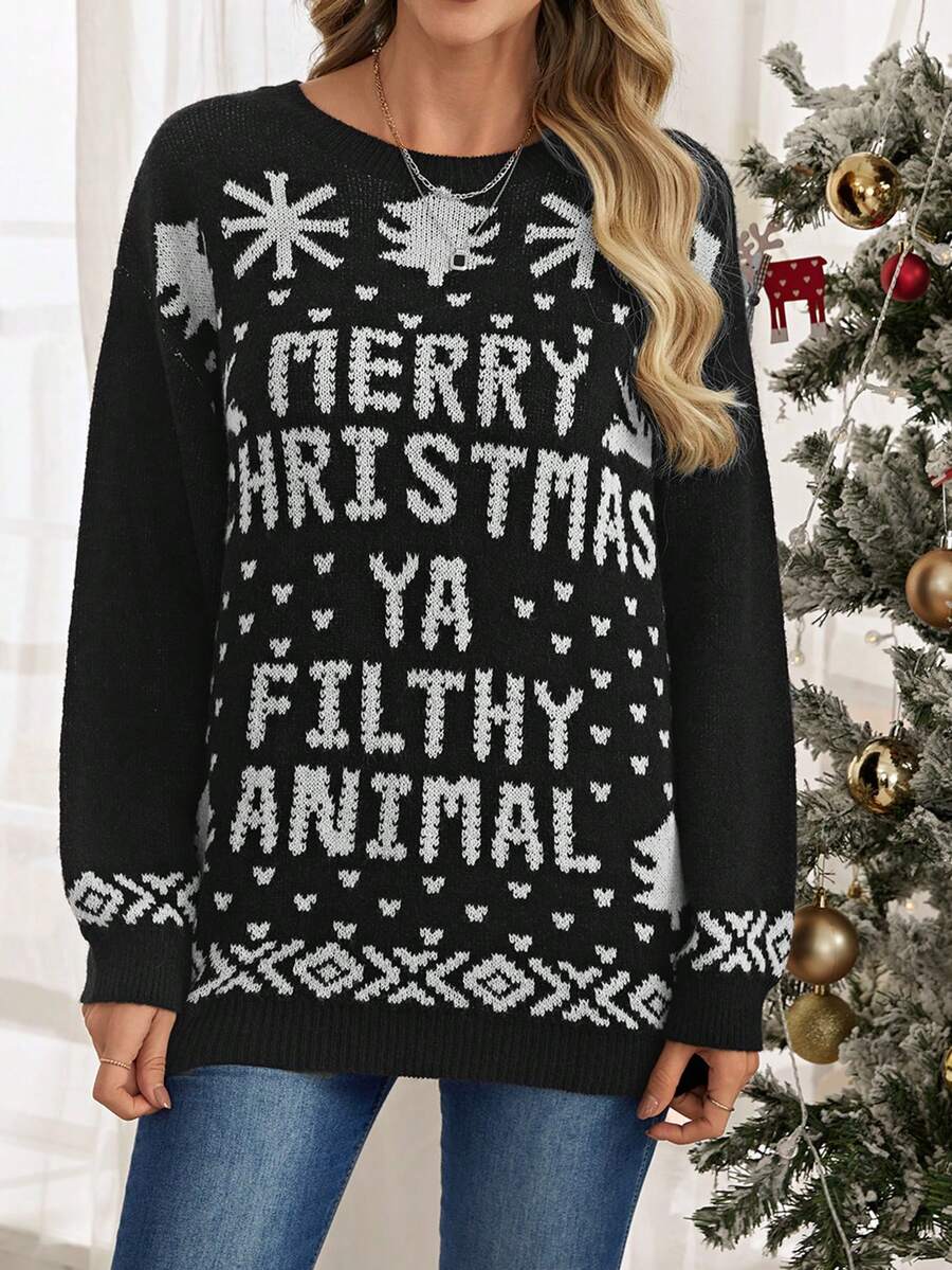 EMERY ROSE 聖誕圖案落肩袖套頭毛衣 - 黑與白 - 查看 1