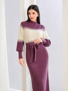 Mulvari Vestido de punto de color combinado de cuello alto con cinturón