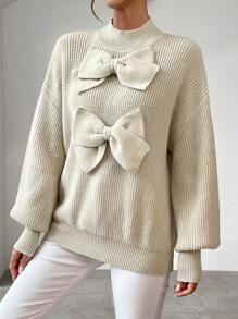 Firerie 小高領前蝴蝶結落肩袖套頭毛衣 - 卡其色 - 查看 6