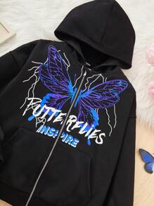 Tween Girl Butterfly & Letter Graphic Zip Up Hoodie - Black - View 5