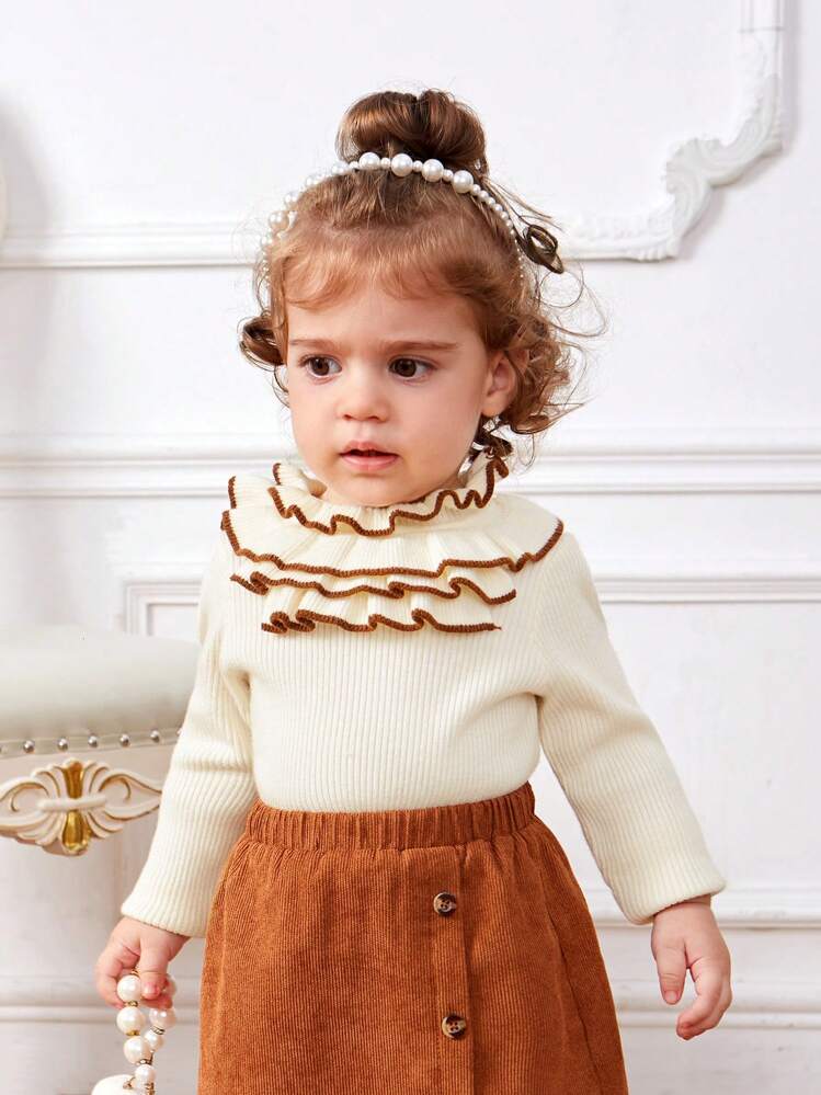 SHEIN 女嬰撞色滾邊荷葉邊條紋針織套頭毛衣 - 杏色 - 查看 3