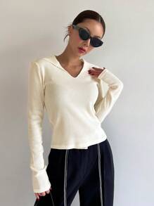 DAZY Chất rắn Đồ đan Ribbed Áo thun - Màu be - Xem 4