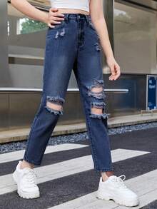 SHEIN 青少年女孩破洞直筒牛仔褲 - 深色水洗藍 - 查看 3