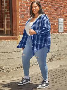 SHEIN CURVE+ 大碼格紋印花落肩袖抽繩連帽襯衫 - 藏蓝色 - 查看 6