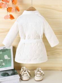 Baby Girl Solid Button Front Belted Padded Coat - White - View 2