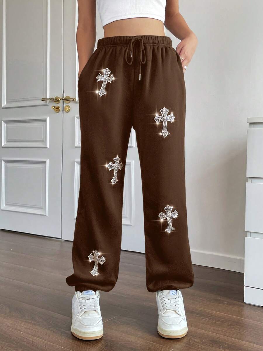 SHEIN Unity 水鑽十字架圖案腰部抽繩衛褲 - 棕色 - 查看 1