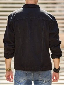 Manfinity 男士潑墨圖案織帶拼接翻蓋口袋牛仔夾克 - 黑色 - 查看 2