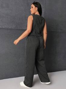 SHEIN EZwear Áo vest kẻ sọc và quần dài cho lễ tốt nghiệp, trở lại trường, trang phục giáo viên dành cho phụ nữ vào mùa thu/đông - Đen và trắng - Xem 2