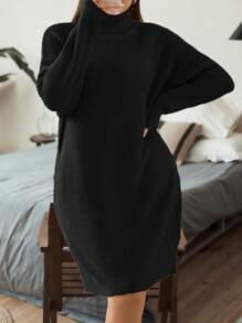 Flirla Hơn Áo cao cổ Thả vai Đầm Áo len - màu đen - Xem 6