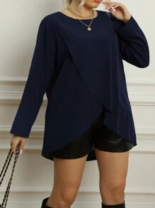 SHEIN LUNE Talla grande Blusa unicolor bajo tulipán - Azul Marino - Ver 4