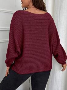 SHEIN LUNE Áo len nữ cỡ lớn màu trơn cổ thuyền tay cánh dơi, kiểu dáng thanh lịch tối giản màu đỏ tía, thích hợp cho mùa Thu/Đông. - Màu Đỏ Sâu - Xem 2