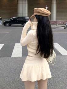 DAZY Solid High Neck Crop Sweater & Ribbed Knit Skirt,Fall Clothes - Yellow - View 2