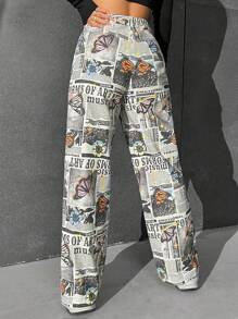 SHEIN Coolane Newspaper Print Wide Leg Pants - Multicolor - View 2