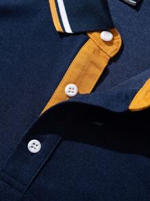 Manfinity Homme 男士字母人物圖案條紋飾邊POLO衫 - 藍色 - 查看 4