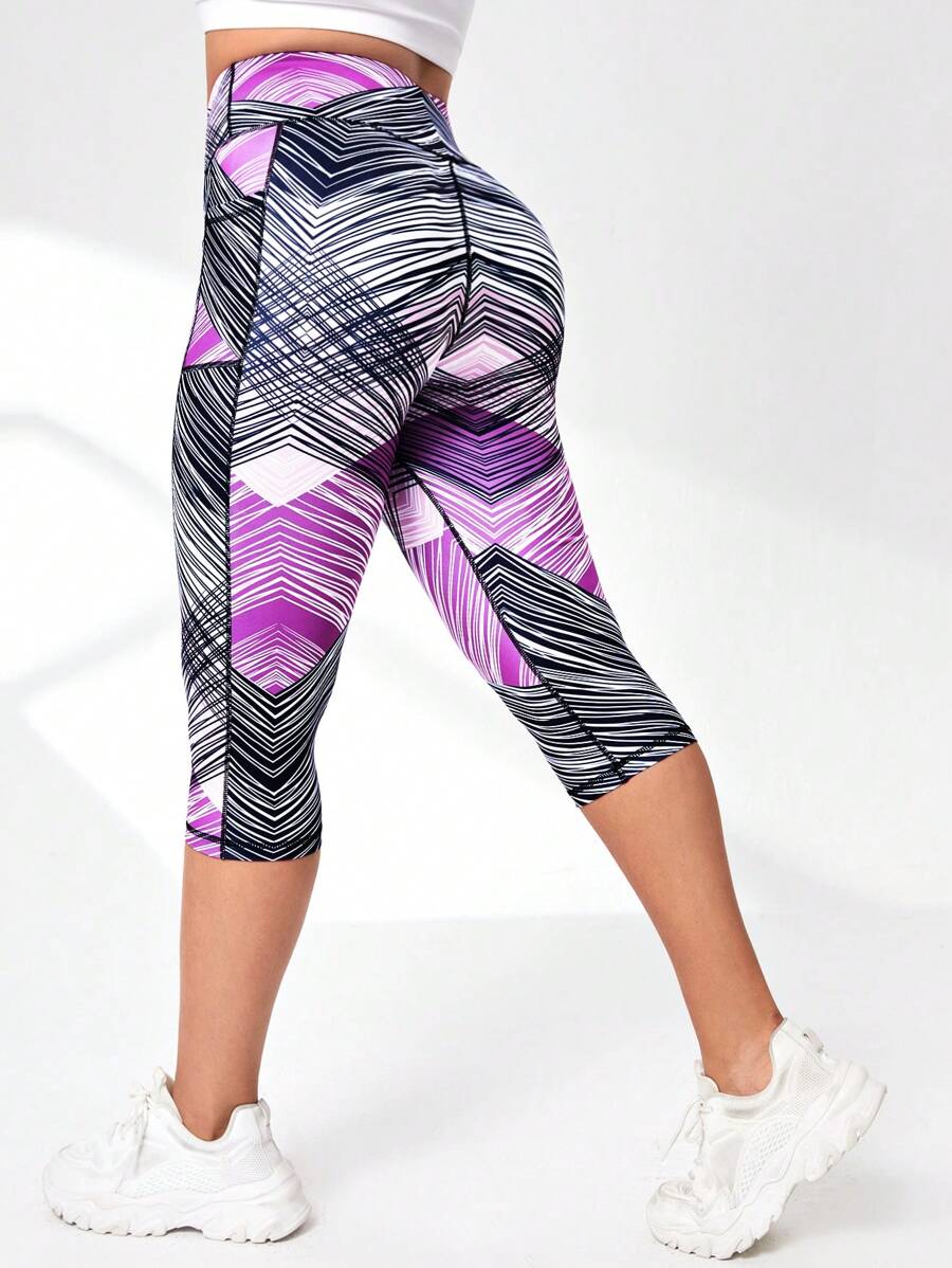 SHEIN Rhythm Era Plus Striped Print Wide Waistband Sports Leggings - Purple - View 1