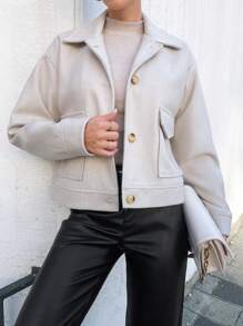 RueChic Flap Pocket Drop Shoulder Overcoat - Beige - View 5