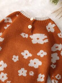 Baby Girl Floral Pattern Contrast Trim Raglan Sleeve Knit Jumpsuit - Khaki - View 6