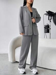 SHEIN Unity Solid Button Front Blazer & Wide Leg Pants - Grey - View 3