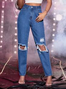 高腰破洞媽媽牛仔褲 - 藍色 - 查看 1