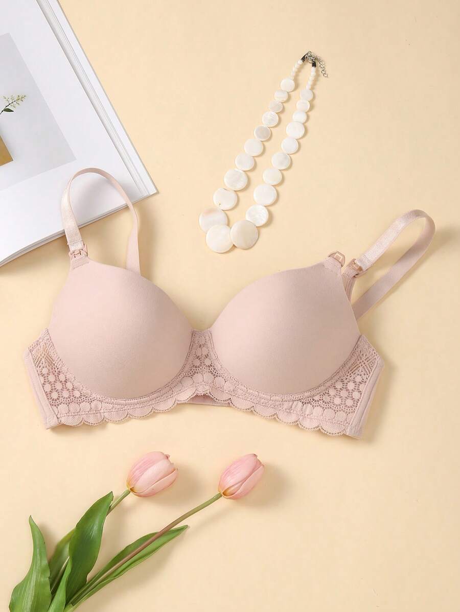 SHEIN Lencería De Encaje Con Sujetador Y Aro De Contraste Para Maternidad - Rosa - Ver 1