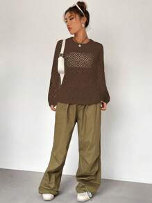 SHEIN Unity 素色鏤空針織落肩袖套頭毛衣 - 棕色 - 查看 4