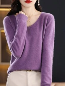 100%美麗諾羊毛女款V領毛衣，套頭式即時穿著，休閒長袖無縫針織毛衣