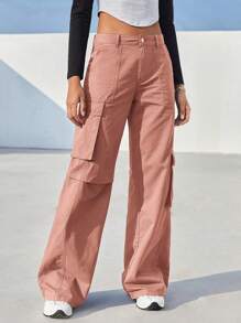 SHEIN EZwear 翻蓋口袋工裝褲 - 粉色 - 查看 5