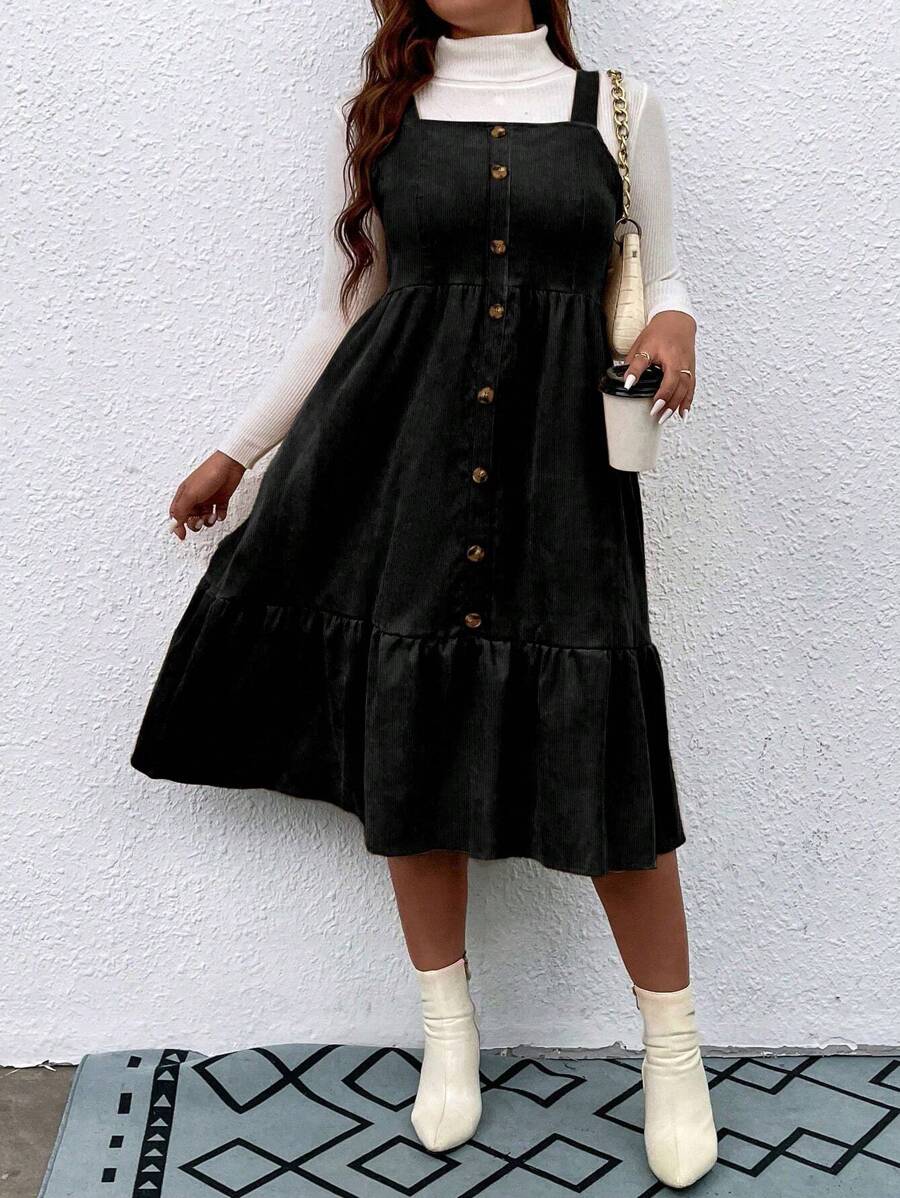 Flirla 大碼前紐扣荷葉邊燈芯絨背帶洋裝不帶T恤 - 黑色 - 查看 1