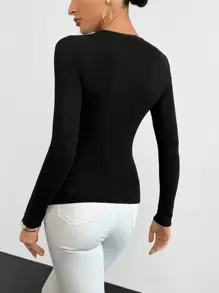 SHEIN Privé Nút phía trước Viền không đối xứng Áo thun - màu đen - Xem 2