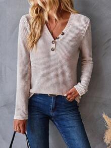 SHEIN LUNE Chất rắn Cổ v Chi tiết Nút Áo thun - Màu be - Xem 4