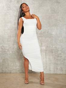 SHEIN SXY Prom Dress;Solid Ruched Split Thigh Dress,White Graduation Dress - White - View 5