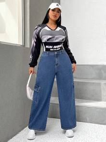SHEIN EZwear 大碼高腰側翻蓋口袋工裝牛仔褲 - 深色水洗藍 - 查看 5