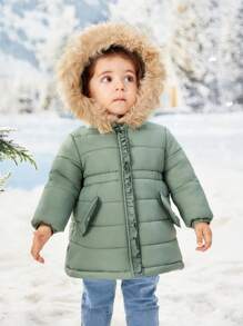 SHEIN Baby Girl Flap Detail Fuzzy Trim Hooded Padded Coat - Mint Green - View 4
