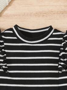 SHEIN Baby Girl Casual Knit Striped Ruffle Hem Long Sleeve Top - Black and White - View 4