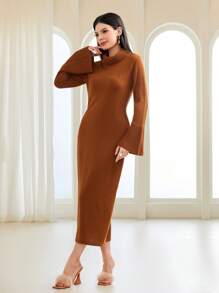 Modelyn Funnel Neck Flounce Sleeve Sweater Dress Without Belt Fall Cloth For Women - Camel - View 5