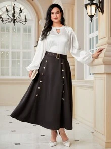 Modelyn Plus Keyhole Neckline Lantern Sleeve Blouse - White - View 5