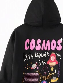 SHEIN 青少年男孩标语卡通图案落肩卫衣 - 黑色 - 查看 6