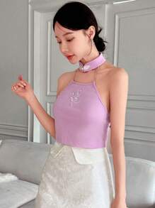 EastFlair 蝴蝶刺繡鏈條細節掛脖上衣 - 粉色 - 查看 4