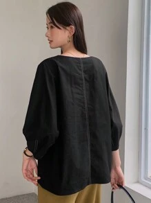 FRIFUL Cut Out Top-stitching Drop Shoulder Blouse - Black - View 2
