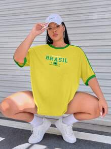 SHEIN Coolane Talla grande Camiseta de hombros caídos con estampado de letra ribete en contraste - Amarillo - Ver 3