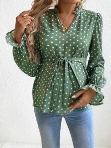 SHEIN 孕婦波點圖案荷葉袖腰帶襯衫 - 綠色 - 查看 3